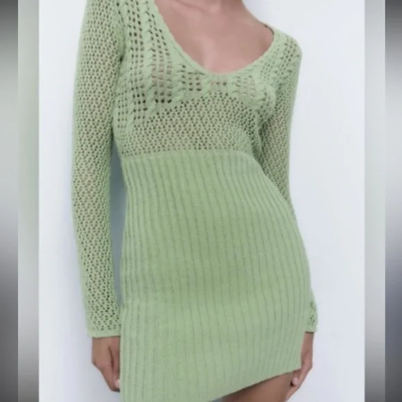 Zara Light Green Chenille Knit Mini Dress - Picture 4 of 9